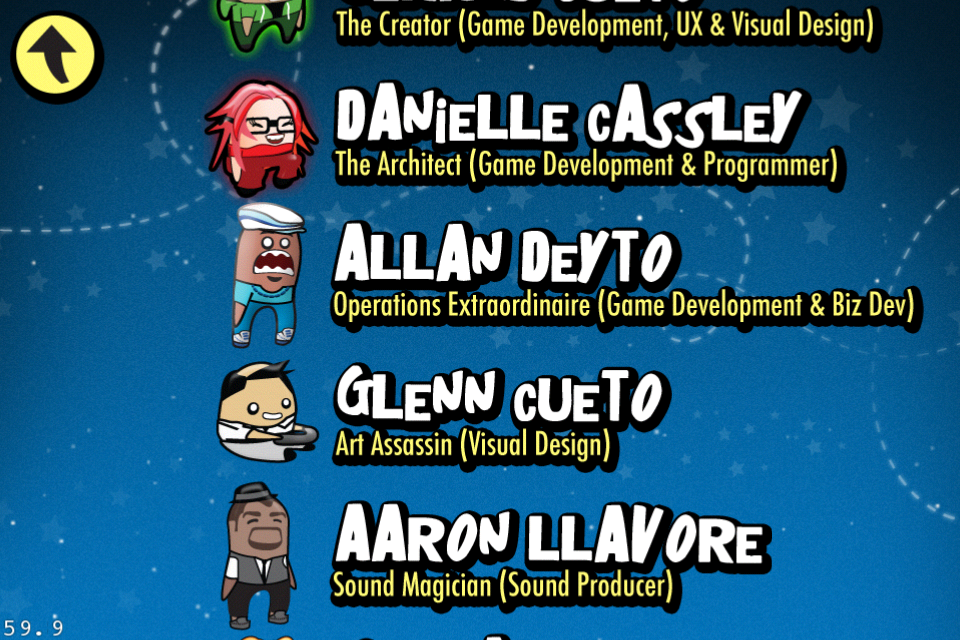 Avengees game credits screen showing development team