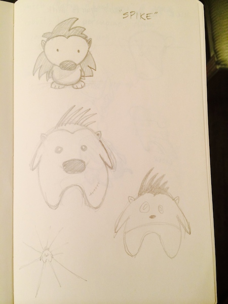 Character concept art for Spike showing hit states and sprite design variations