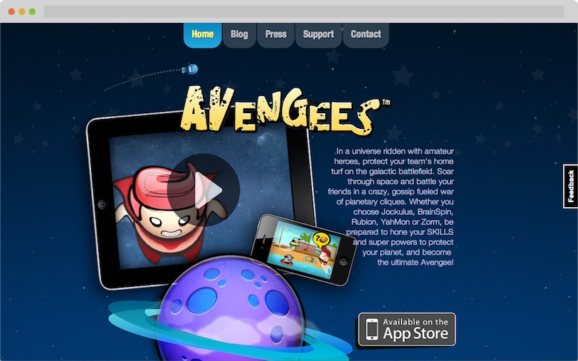 Avengees website hero section featuring game characters and call-to-action button