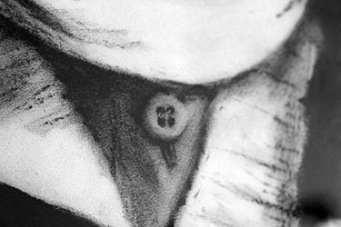 Charcoal illustration close-up of little Eskimo girl's coat button